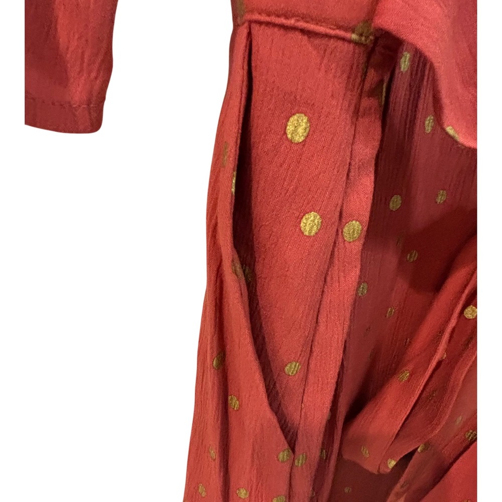 Boden Rust Red Gold Polka Dot V Neck Midi Dress Tie Waist 6R flutter sleeves - Picture 5 of 6